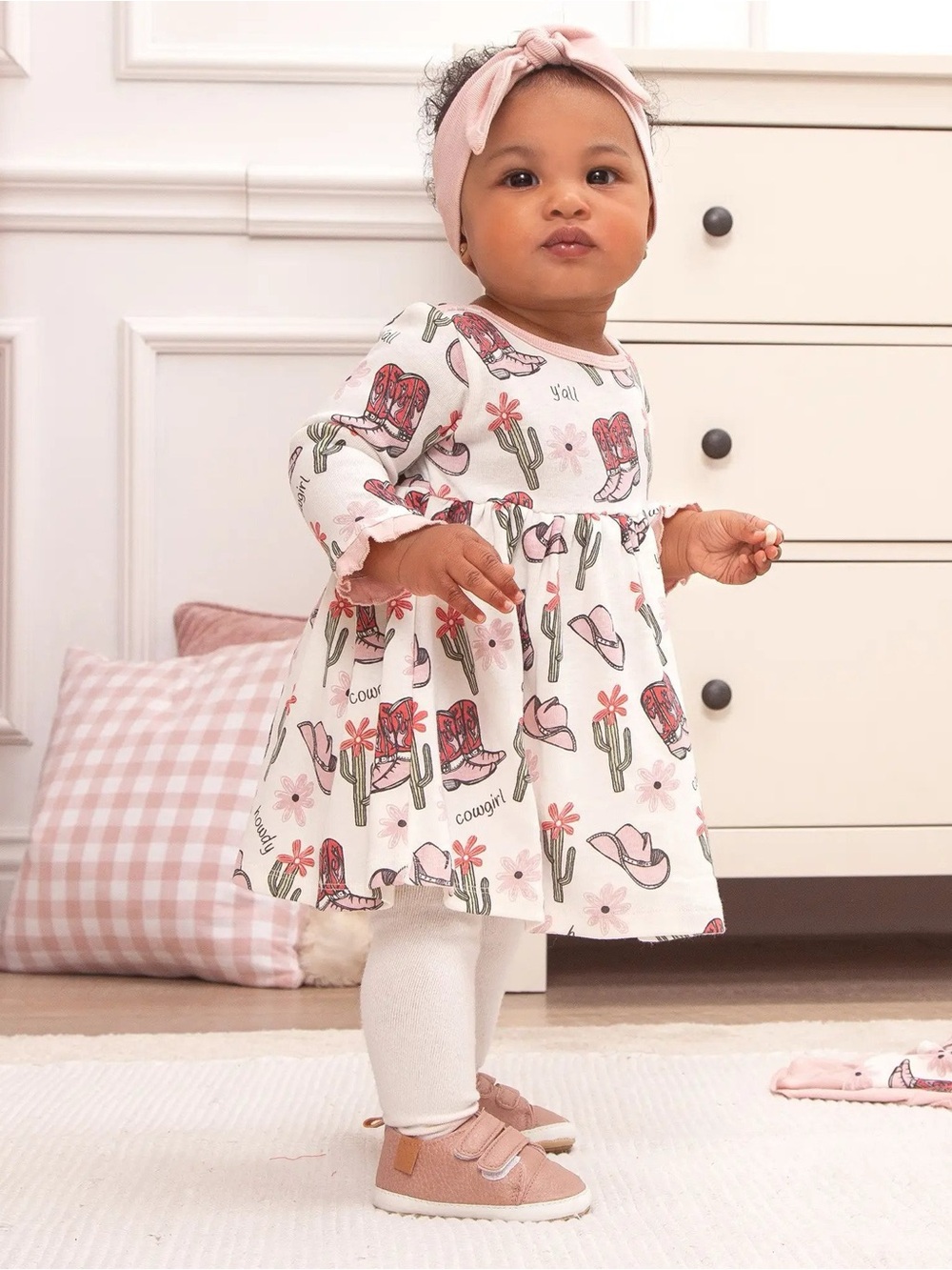 Tesa Babe Country Cowgirl Bamboo Dress Pink Western Ruffle Size 9 to 12 Months - Picture 2 of 8